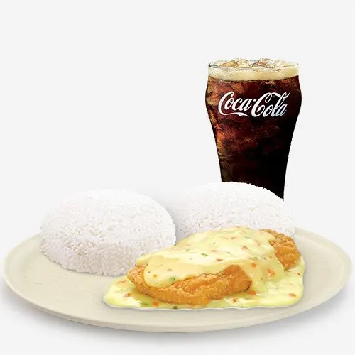 Crispy Chicken Fillet Ala King with extra rice and drinks