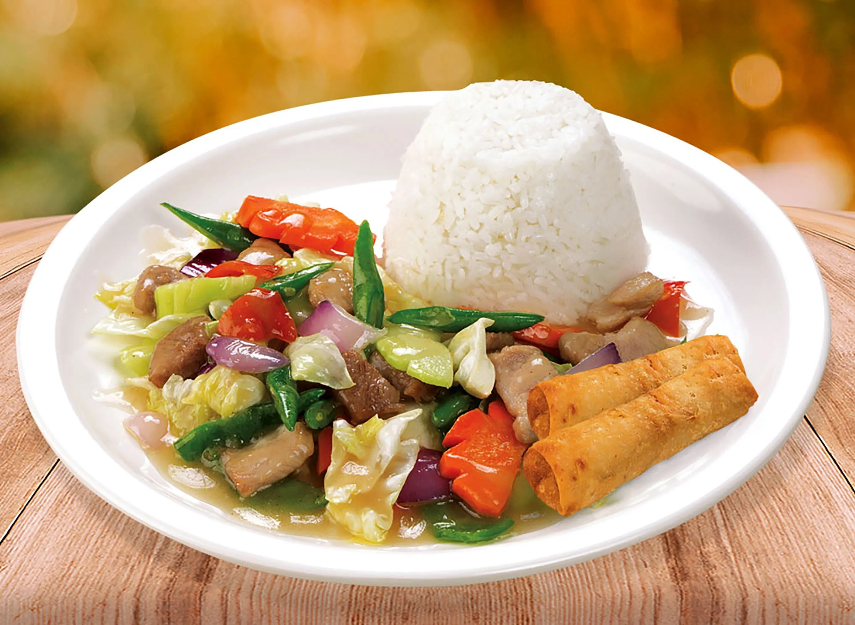 Chopsuey with lumpia and rice